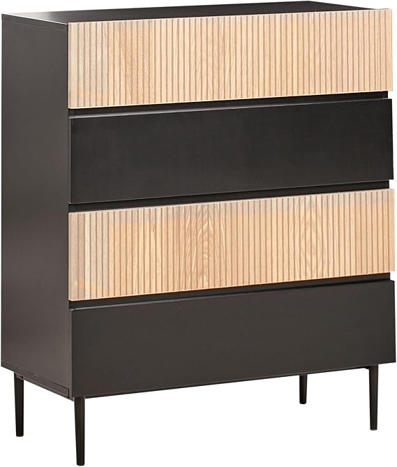 Beliani 4 Drawer Chest Black MDF 4 Drawers Modern Natural Ash Ribbed Front