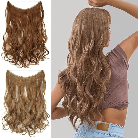 Natural Synthetic Hidden Wire Hair Extensions 45cm with Adjustable Wire No Clips Invisible Secret Wavy Hairpiece for Women (8#)