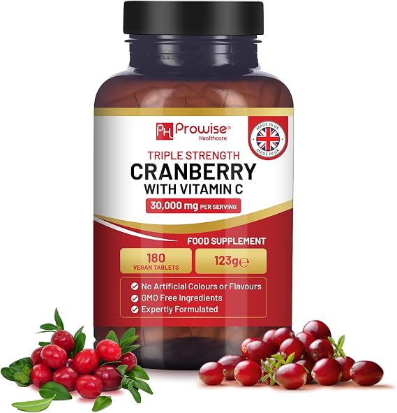 Triple Potency Cranberry 30,000mg Added with Vitamin C - 180 Vegan Tablets I Easy to Swallow Tablets I Made in the UK by Prowise Healthcare