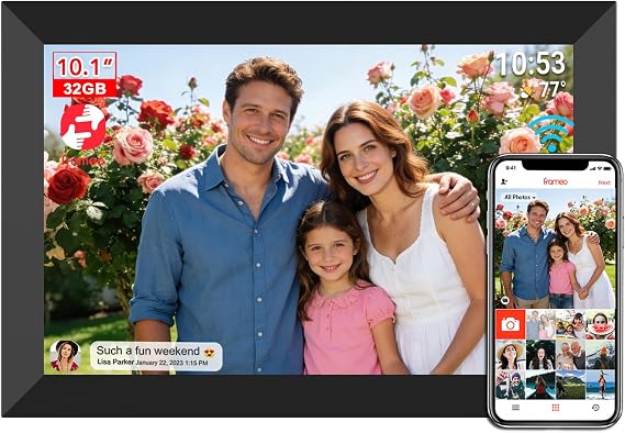 FRAMEO WiFi 10" Digital Photo Frame 32GB Electronic Digital Picture Frame with 1280x800 IPS Touch Screen Auto-Rotate Share Photos/Videos Instantly via Frameo App, for Grandparents & Family