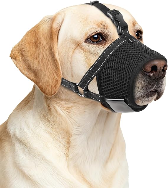 Dog Muzzle with Reflective Strip - Adjustable, Breathable Nylon Mesh - Prevents Biting, Allows Drinking and Eating, XL