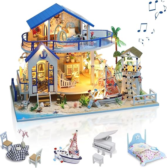 Sexy outfit Miniature Dolls House Kit with Music, DIY Miniature House Model Kits to Build, Handmade Crafts for Adults, Make Your Own Birthday, Father's Day, Blue Sea Villa