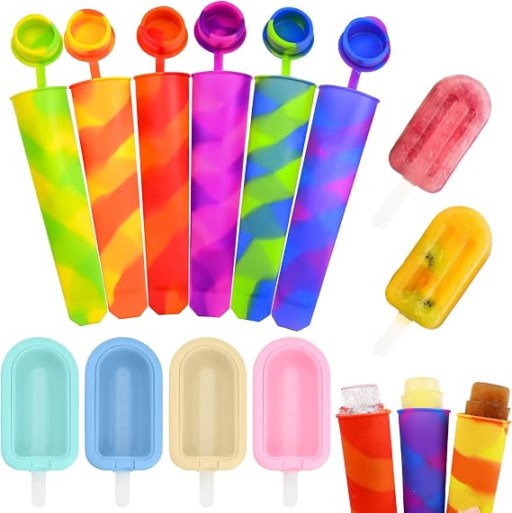 Silicone Popsicle Moulds & Ice Cream Moulds, 10 PCS Reusable Ice Lolly Maker Set with Lids, BPA Free Dishwasher Safe Ice Pop Molds for DIY Cakesicles, Craft Popsicle, Soothing Teethers