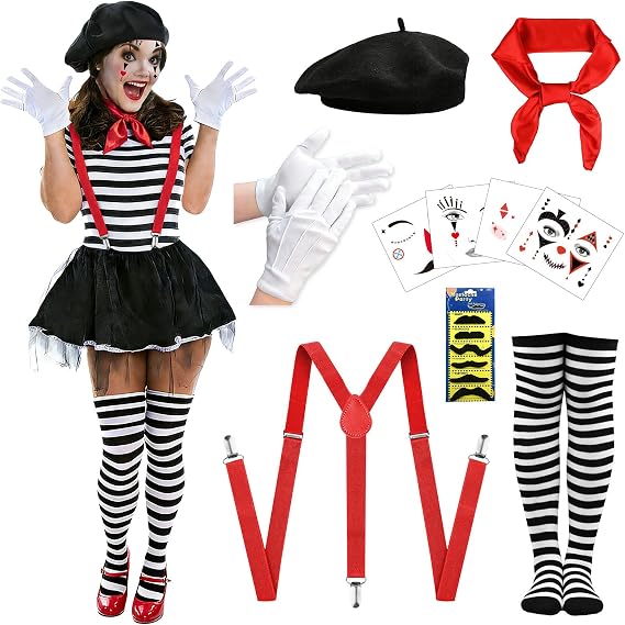 GEEKEO Mimo Costume Women's Carnival – Clown Costume Circus 10 Pieces that Berets, Adjustable Straps, Gloves and Stockings Carnival Accessorie Women Men Costumes Cosplay Carnival Theme Party