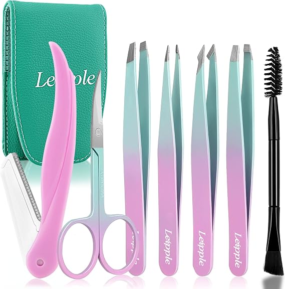 Tweezers Set 7Pcs for Facial Hair Women - Precision Tweezers Set with Travel Case - Stainless Steel Tweezers for Eyebrows with Scissors, Razor, Mirror for Ingrown Hair (Pink/Blue)