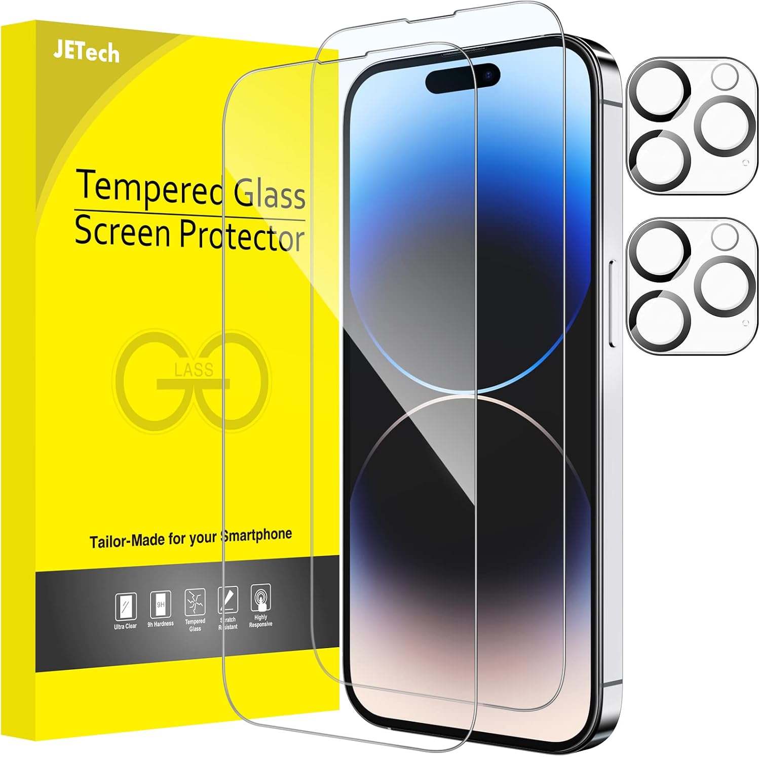 JETech Full Coverage Screen Protector for iPhone 14 Pro Max 6.7-Inch NOT FOR iPhone 14 Pro 6.1-Inch with Camera Lens Protector, Tempered Glass Film, HD Clear, 2-Pack Each