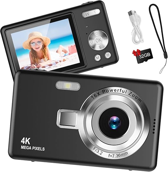 Compact Digital Camera - 44MP 1080P FHD with 2.4" LCD, 16X Zoom, Portable Vlogging Camera, 32GB SD Card (Black)