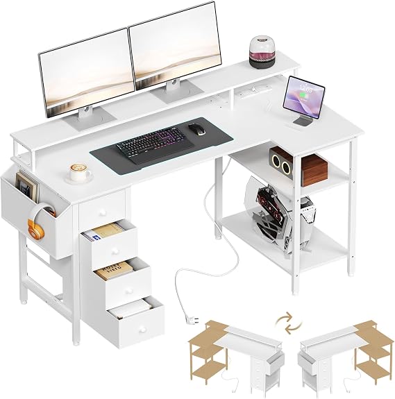 Yaheetech Corner Gaming Desk with Drawers, 140x70cm L Shaped Computer Desk with Power Outlets, Office Desk with Raised Monitor Stand, Reversible Storage Shelves for Home Office, White