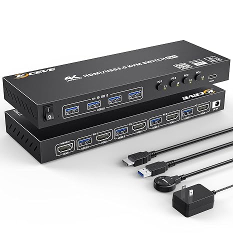 HDMI KVM Switcher 4 Ports, 4 in 1 out PC Switcher 4K@60Hz, KVM HDMI 4-Port Switcher with 4 USB 3.0 Hubs, EDID Management, Wireless Keyboard, Mouse Support