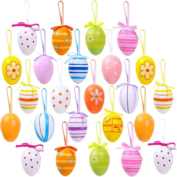 Pack of 24 Colourful Easter Eggs for Hanging Plastic Easter Eggs for Hanging Decorative Easter Eggs for Easter Gift Easter Hunt Easter Tree Decoration Home Garden Party Decoration