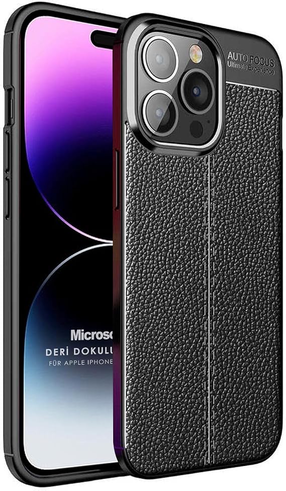Microsonic Apple iPhone 14 Pro Max için Kılıf Deri Dokulu Silikon Siyah [iPhone 14 Pro Max ile Uyumlu Kılıf - Siyah]