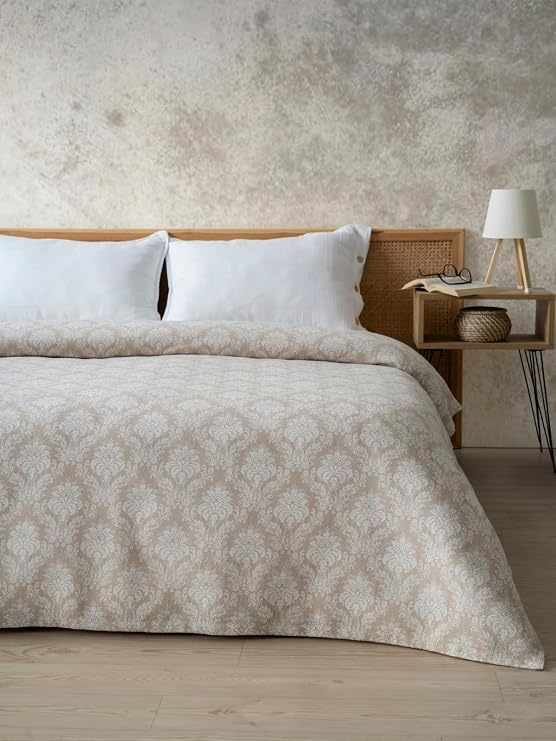 RAYME TEKSTİL Desenli Pike Yatak Örtüsü - Kaliteli Baskılı, Pamuk, Hafif, Tek Kişilik ve Çift Kişilik Pike Yatak Örtüleri (Damask BEJ, Çift Kişilik Pike 200x240 cm)