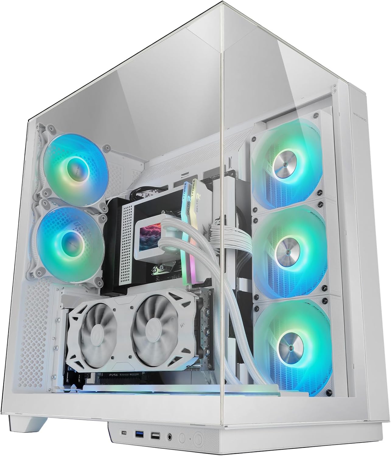 Mars Gaming MC-3GF, ATX Gaming Case, Triple Tempered Glass, 2x Rear ARGB Fans 120mm, Vertical Graphics Card Mount, PC Tower with Support Liquid Cooling up to 360mm, White