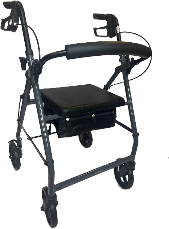 Rollator Walker with Seat - Lightweight Folding 4 Wheel Mobility Aid - Adjustable Handles - Latitude Healthcare Pacer - Grey or BlackBerry (Grey)