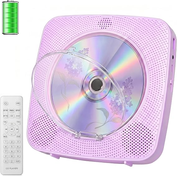 Gueray Portable CD Player Bluetooth 1800mah CD Player Suitable for Home CD Players with Dual Speakers, FM Radio, Remote, USB AUX Headphone Port (Purple)