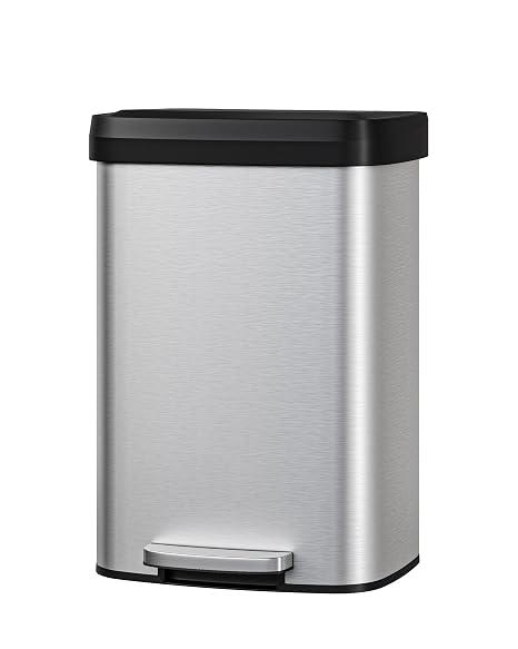 GarveeHome Step-On Kitchen Trash Can 50L, Stainless Steel Rubbish Bin with Soft Close Lid, Fingerprint Resistant, Easy Clean Removable Inner Bucket for Home Office (stainless steel, 50L)