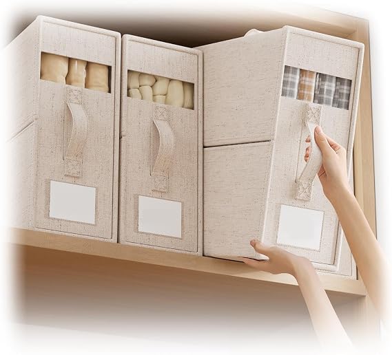 Foldable Bed Sheet Storage Box with Zip, Handle & Viewing Panel, Linen Bedding Organizer, Space-Saving Fabric Storage Box for Bedding, Duvet, Clothes, Towels(Beige,6-Pack)