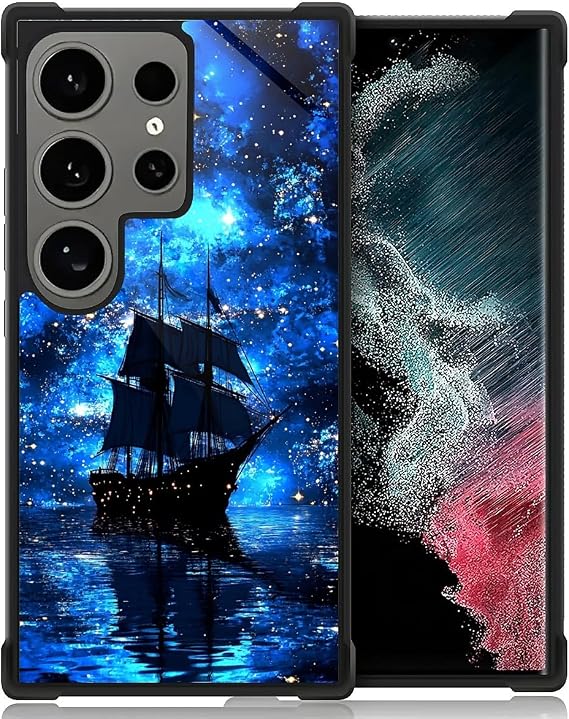 CARLOCA Compatible with Samsung Galaxy S24 Ultra Case for Girls Boys Hard Shell Shockproof Protection Non Slip for Samsung Galaxy S24 Ultra Fashion Pattern Pirate Ship Sailing Blue Starry Sky