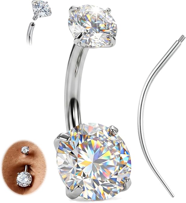 AceFun Belly Button Bars Titanium 14G 6mm 8mm 10mm 12mm 14mm G23 Belly Button Piercing Bar Silver Gold with Insertion Piercing Taper Externally Threaded Navel Piercing Jewelry for Long Nails Women