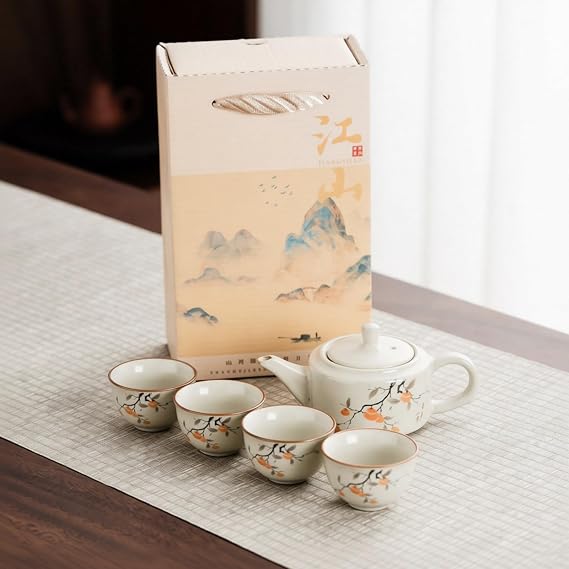 Mini Ceramic Teapot Set - 1 Teapot (135ml) & 4 Teacups (35ml) Small Ceramic Kung Fu Tea Set with Floral & Bird Patterns, Portable Tea Gift Set for Home and Office (Orange)