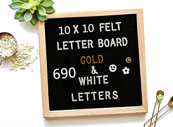 Felt Letter Board 10 * 10 inch DIY Message Board Memo Menu Notice Kitchen Notes Board with 460 White & Gold Coloured Letters Numbers Symbols Emojis for Home,Restaurant,Party,Wedding