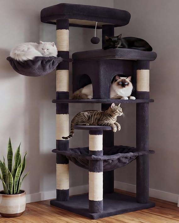 Heybly Cat Tree, 142cm Multi-Level Easy Climb Tower for Large Cats HCT028G