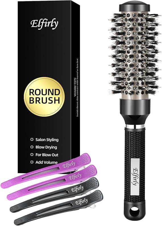 Round Brush for Blow Out, Ionic Tech Thermal Ceramic Round Styling Hair Brush with Boar Bristles, for Blow Drying, Curling Hair, Adding Volume (Barrel 1.3 inch, 2.4 inch with Bristles)