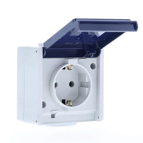 as - Schwabe Surface-Mounted Socket 1-Way with 2 Cable Entrances for Wet Rooms and Outdoor Use IP54 - Light Grey/Blue - Made in Germany I 62460