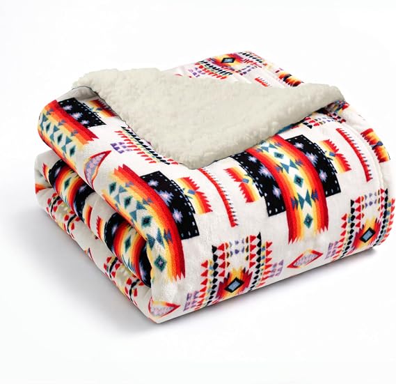 Sacred Thread Aztec Blanket Fleece, Reversible Native American Blanket, Western Throw, Native American Western (White Sherpa), Queen (79”x95”)