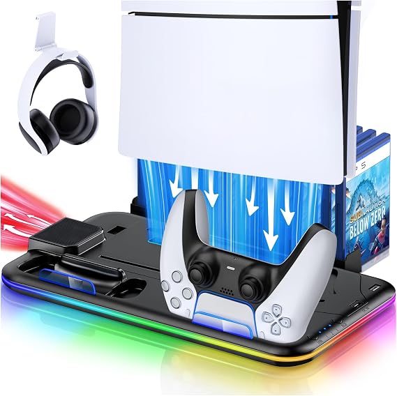 HEYLICOOL PS5/Slim/Pro Cooling Stand for PlayStation 5 Disc/Digital with RGB Light,Accessories Dual Controller Charger Station with 3 Levels Cooling Fan, Headset Holder,15 Game Slots