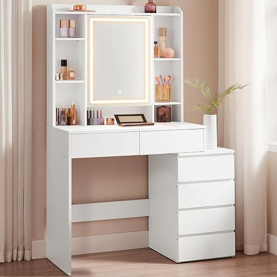 VASAGLE Dressing Table with LED Lights, Mirror, 6 Drawers