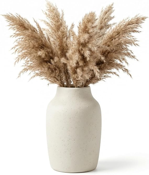 White Ceramic Vase - Rustic Flower Vase Cream Farmhouse Vases Bohemian Terracotta Vases, 7 Inch Round Ornaments for Bedroom/Living Room Decor for Table/Shelf