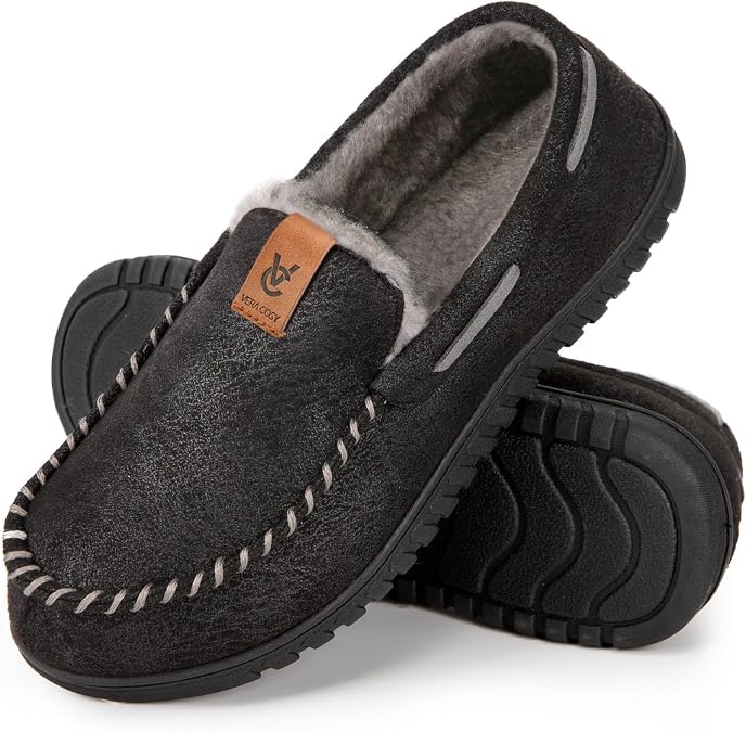 VeraCosy Men's Moccasin Slippers Memory Foam Closed-back Indoor House Shoes