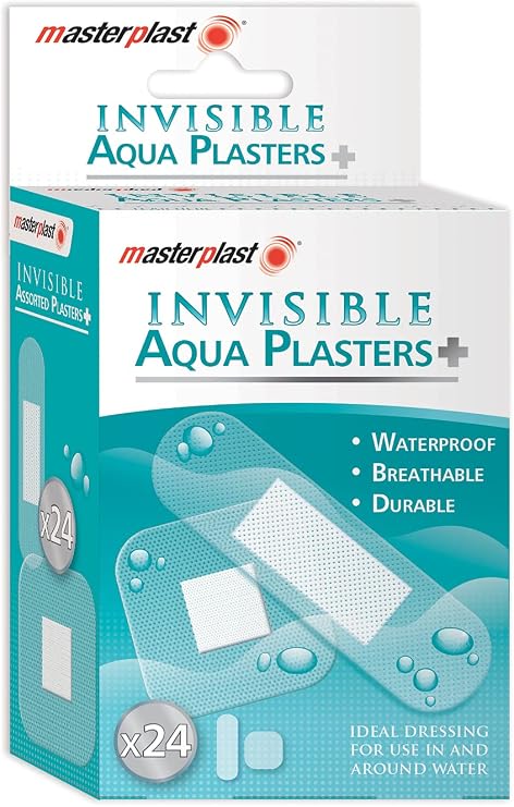 Masterplast Invisible Aqua Plasters (24 Pack) Waterproof, Transparent, Assorted Sizes 76mm x 19mm 38mm x 38mm - for Shower, Washing & Swimming