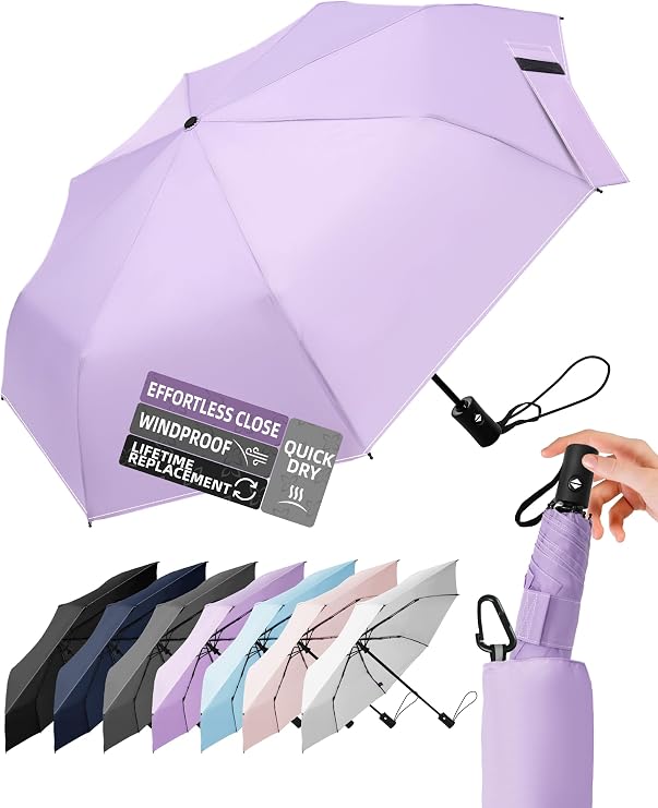 LILAC Windproof Automatic Umbrella, Strong 8 Ribs Compact Travel Brolly