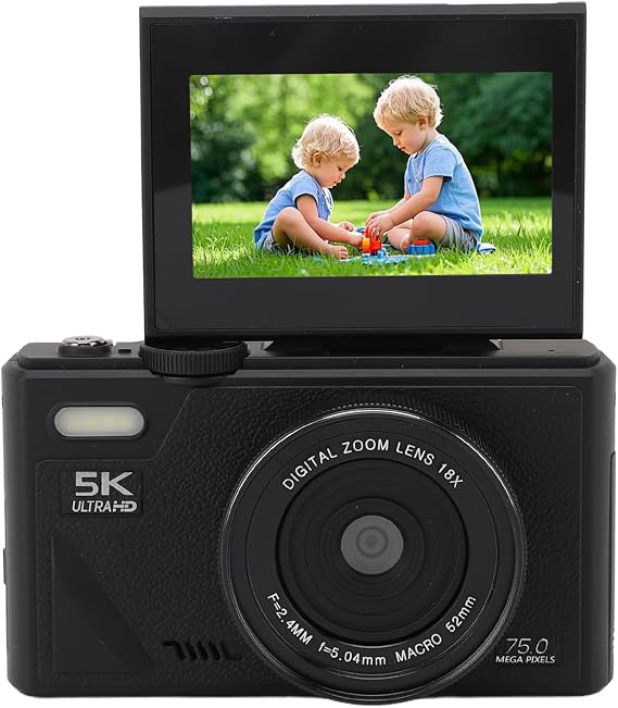 5K Digital Camera 75 MP HD Digital Cameras for Photography Auto Focus Tip and Shoot Small Camera Retro Mirrorless Camera with 3 Inch Screen 18x Zoom (Black)