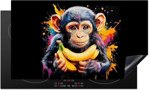 KitchenYeah© Induction Hob Cover Protector Mat 20.8"x36" / 91.6x52.7 cm Kitchen Universal Ceramic Covers for Electric Cookers Vinyl Monkey - Graffiti - Colourful - Bananas - Modern