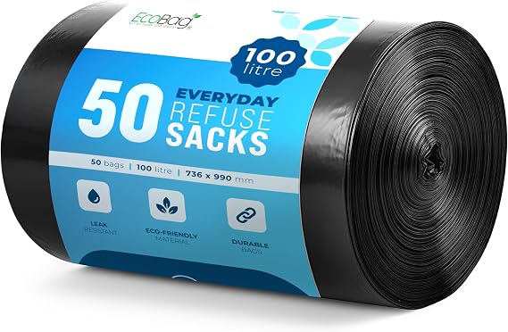 EcoBag - 50 Pack Everyday Refuse Sacks - Recyclable Bin Bags, Leak Resistant, Eco-Friendly, Durable Waste Disposal Bags for Kitchen, Office Waste & Light Rubbish, 30 Micron (Μm) /100l