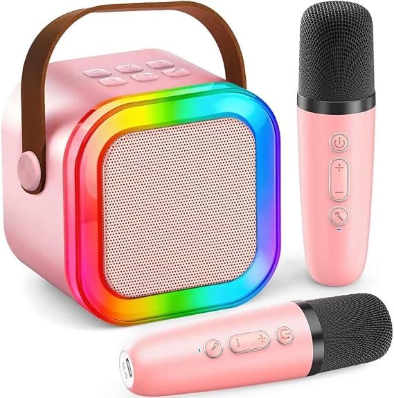 Çocuklar Yetişkinler için Karaoke Makinesi, 2 Kablosuz Mikrofonlu Taşınabilir Mini Bluetooth Hoparlör, LED Işıklar, Aile Ev Partisi için Şarkı Sistemi, Ses Değiştirici, Erkek Kız Karaoke Makinesi