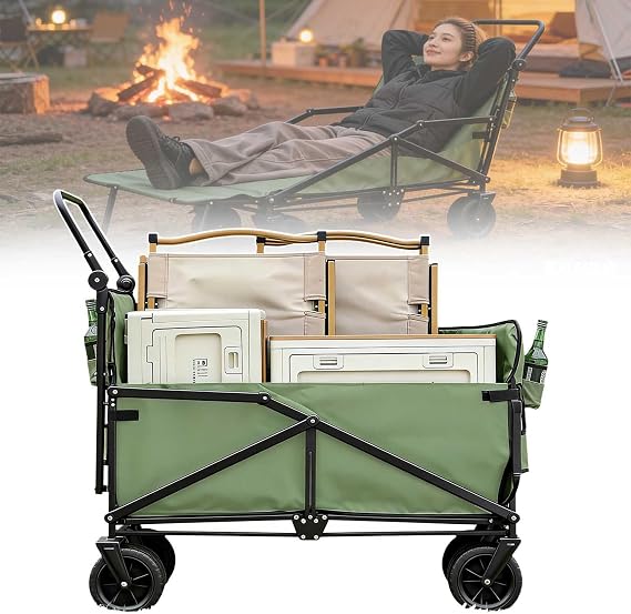 Adjustable Folding Trolley with Wide Wheels – Portable Garden Beach Fishing & Shopping Cart – Versatile Push and Pull Handle – Green ColorDesign
