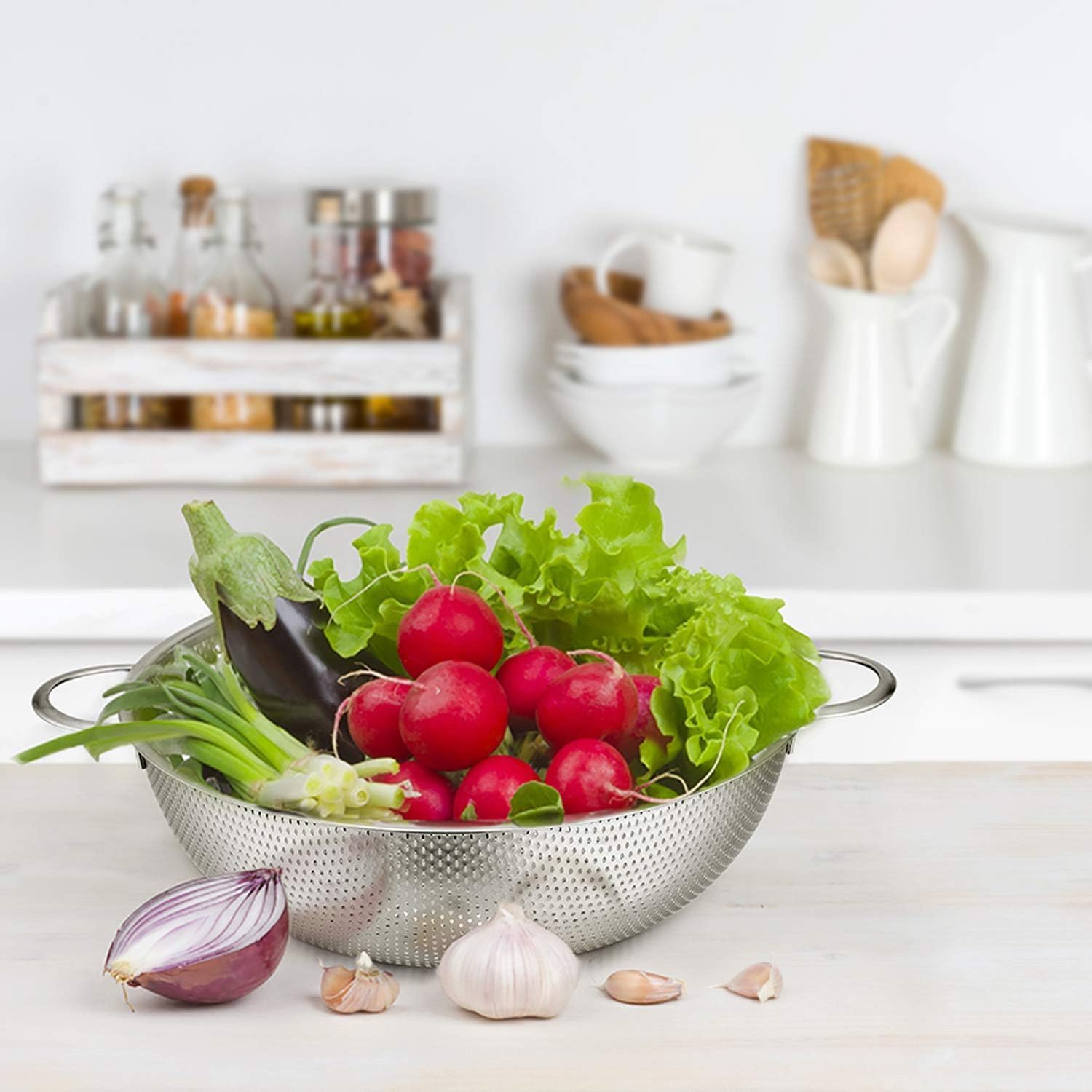 Deconox Stainless Steel 26cm Double Handle Basket Strainer, Salad, Fruit, Pasta Strainer - Stainless Steel Double Handle 26cm Basket Strainer