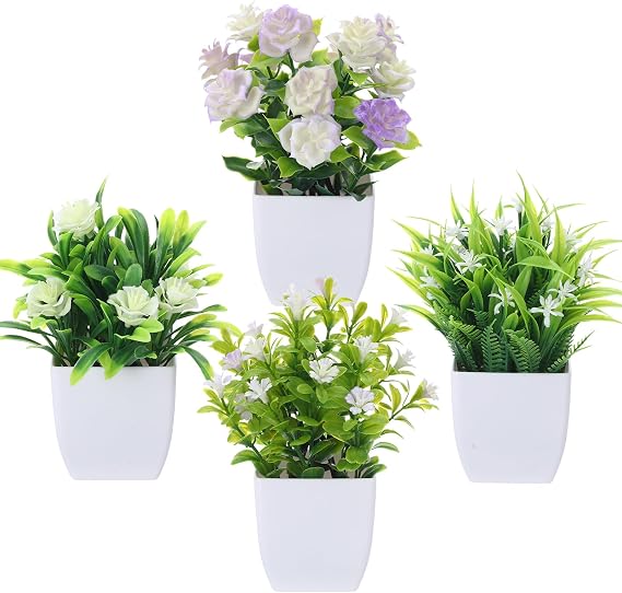 saerryor 4 Pack Small Fake Plants Mini Artificial Faux Plants with Flowers