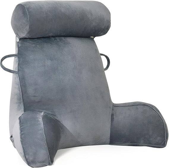 GKXLH Reading Pillow - Velvet Reading Pillows for Sitting in Bed Adult, Back Pillow for Bed Sitting Up with Round Pillow, Back Arm Support Bed Rest Pillows with Arm & Pocket & Washable Cover (Grey)