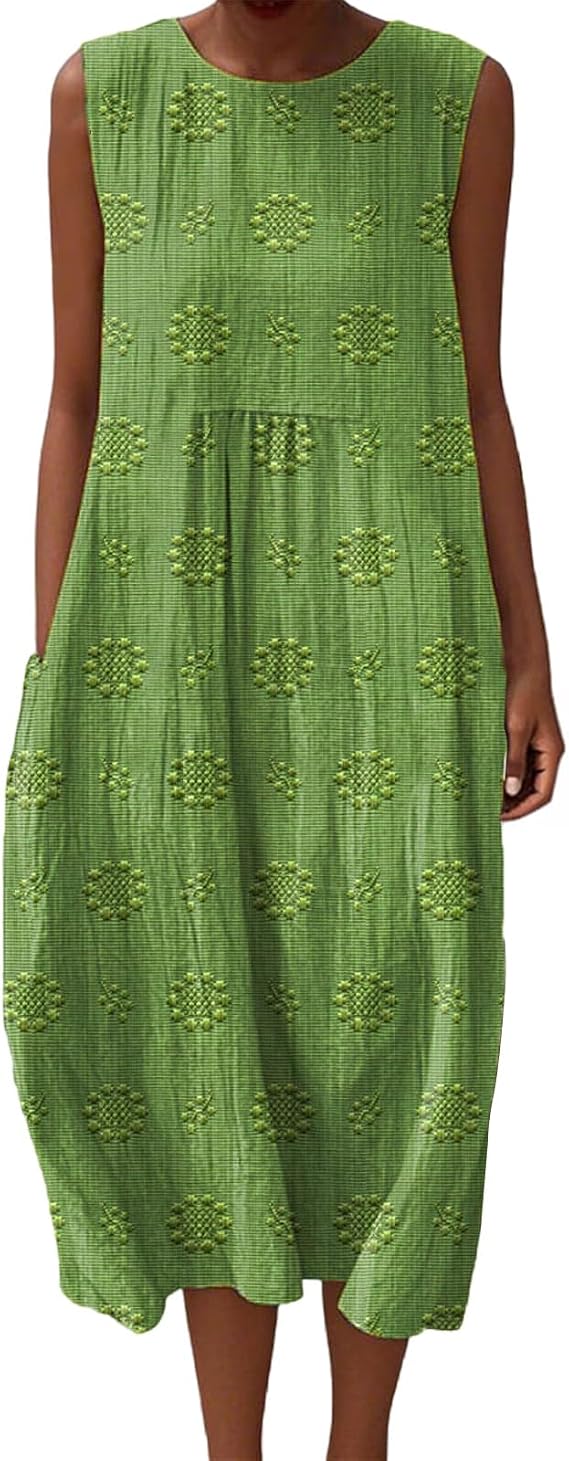 Womens Midi Dress Cheesecloth Summer Dresses for Women UK Floral Cotton Linen Loose Fit with Pockets Sleeveless Italy Casual Beach Ladies Clothing Women's Italian Style Sundress Lightweight