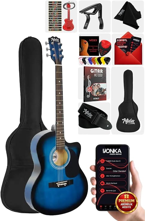 Midex RG-540BL Kaliteli Kesik Kasa Mavi 40 İnç Akustik Gitar Seti 4/4 Yetişkin