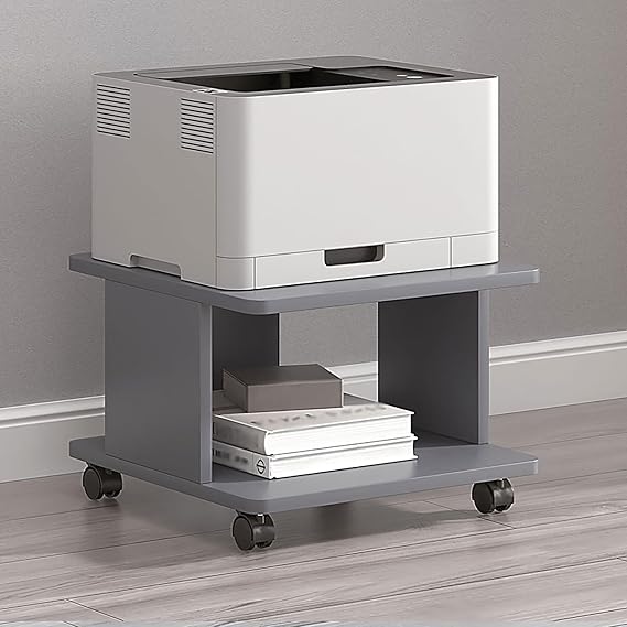 2 Tier Wooden Small Printer Table With Storage, Small Table For Printer, Under Desk Printer Stand, Rolling Printer Cart Shelf With Lockable Wheels For Home, Office(Grey,50 * 50cm)