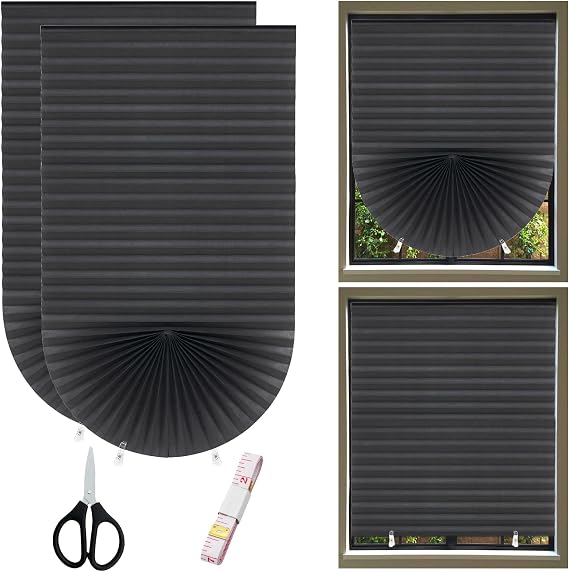 KASURE 2 Pack Temporary Blackout Blinds, 90 X 180 CM Black No Drill Blinds, Stick on Blinds for Windows, for Bedroom, Kitchen, Loft & Travel RV Car,  with 4 Clips, 1 Tape Measure, and 1 Scissor