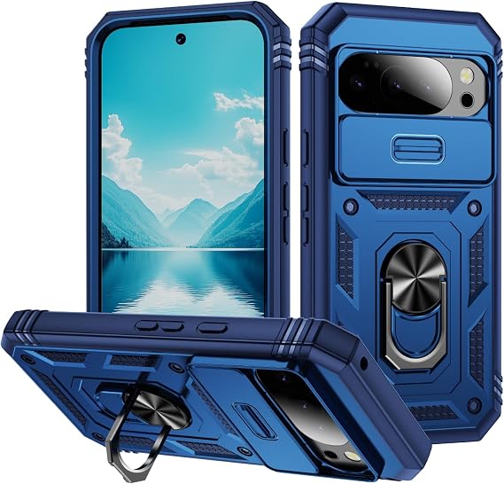 Lunivop Google Pixel 10 Proケース/Pixel 10 ケース 360°メタル回転リングホルダー 磁気キックスタンドカメラ保護 ミリタリー - グレード ヘビーデューティー スマホケース 2025 ブルー