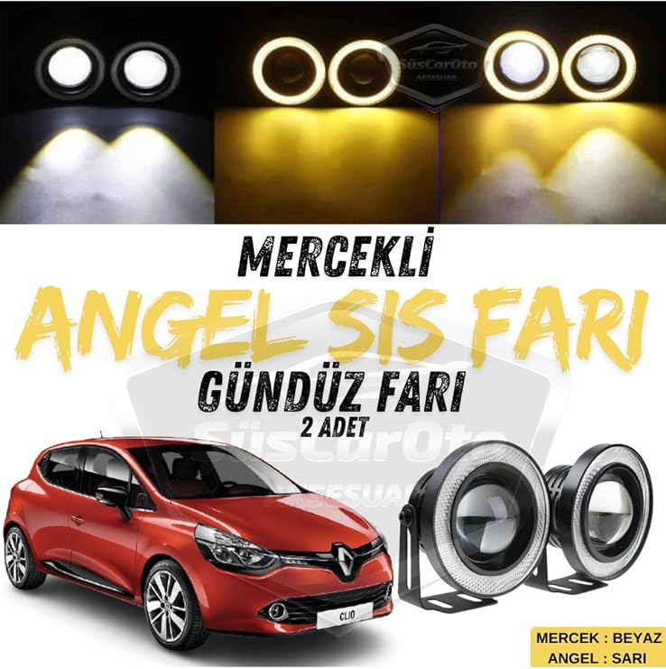 Renault Clio 4 2012-2020 Uyumlu Mercekli Angel Sis Farı Metal 76 Mm Sarı Halkalı Gündüz Farı 2 Adet