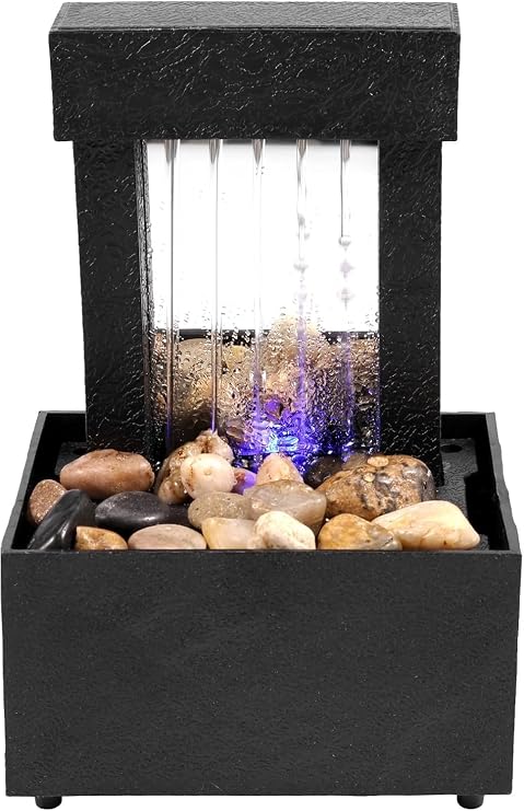 Indoor Tabletop Water Fountain with LED Light, Zen Desktop Water Feature with Rolling Waterfall & Natural River Rocks, Relaxation Decor for Home Office, Bedroom, Meditation, Gifts